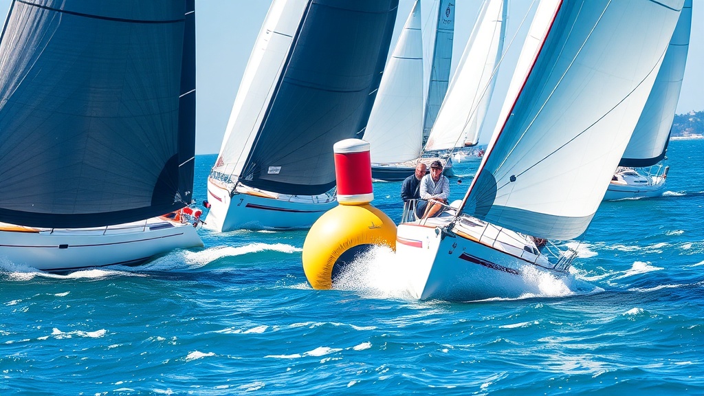 좁은 공간에서 마크를 통과하기 위해 밀집한 요트들