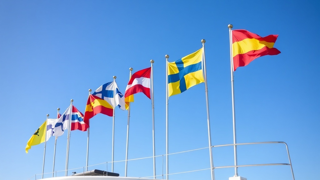 위원회 보트에 게양된 여러 가지 색상과 패턴의 신호 깃발